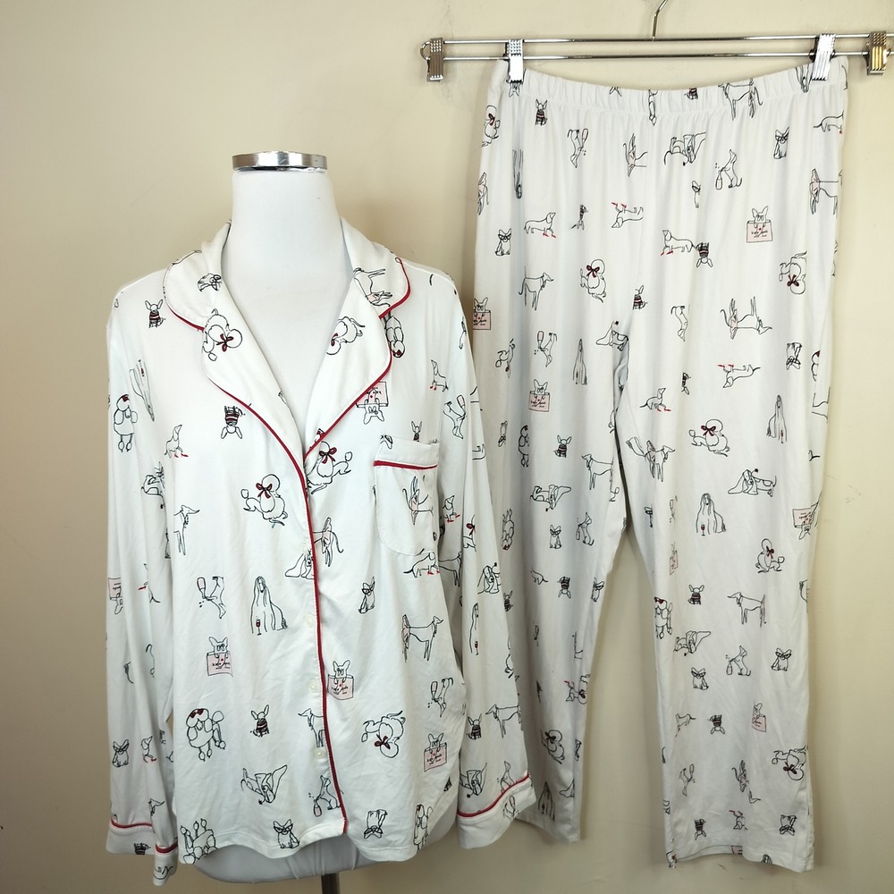 Kate Spade Pajama Set XL Dog Print Whimsical Long Sleeve Pants White